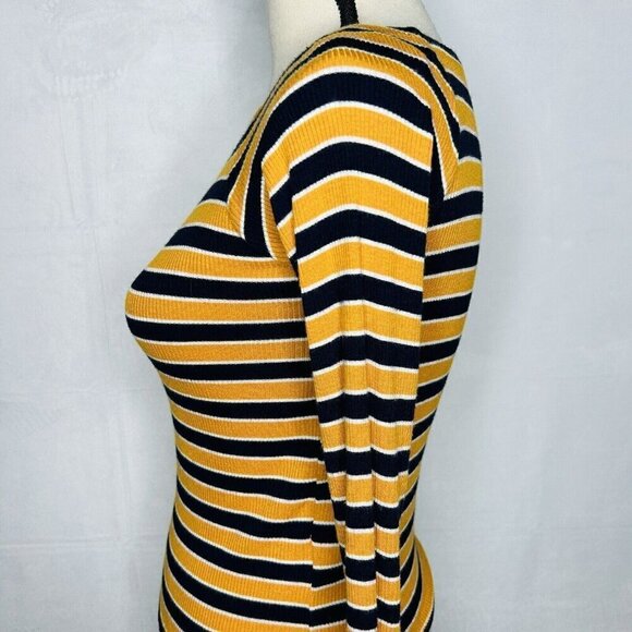 Forever 21 Long-Sleeve Ribbed Shirt Womens Size S Gold Navy Striped Rayon Blend - Picture 4 of 8